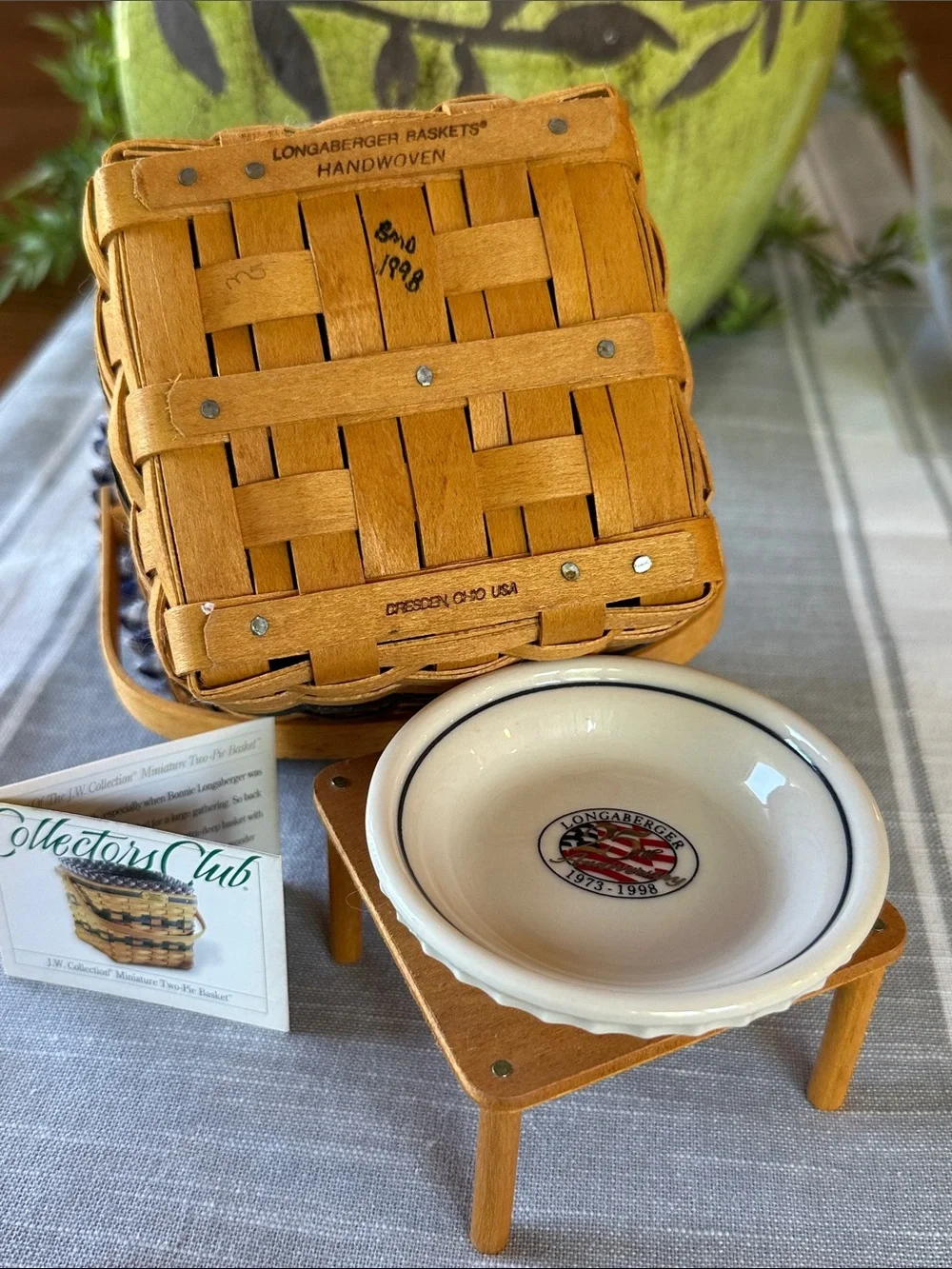 Longaberger Basket with Blue Plaid Liner 25th Anniversary Mini 2 Pie Basket